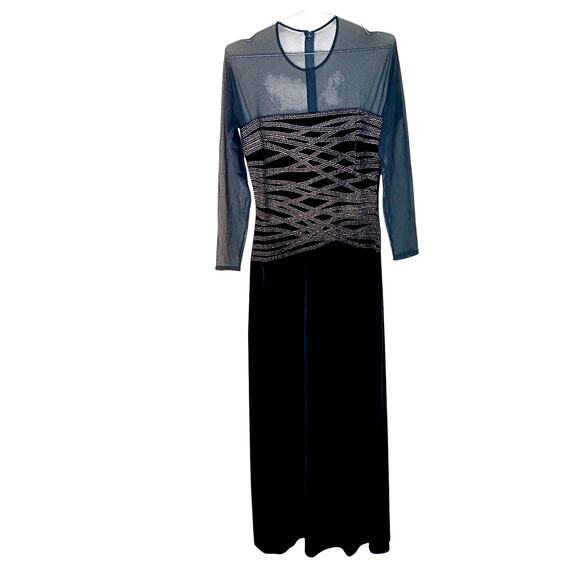 Vintage Tadashi Black Velvet Mesh Maxi Dress Rhinestone Formal  Long Sleeve M/L - Picture 2 of 16